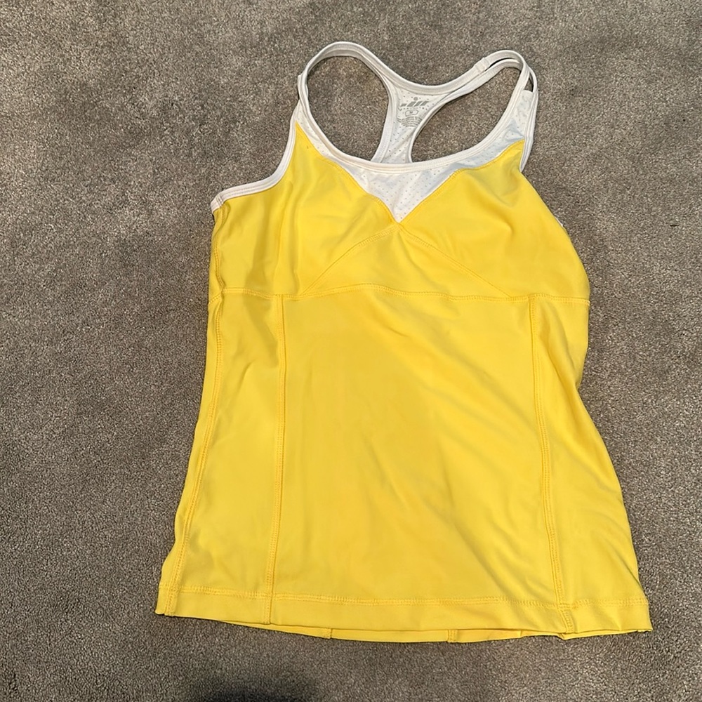 Yellow and white athletic top with built in bra
